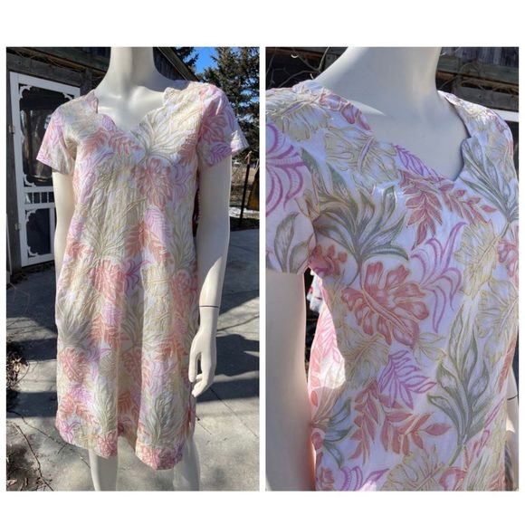 Pastel Botanical Print Tunic Dress Kurta Short Sleeve Gold Embroidery V-Neck - Picture 1 of 12